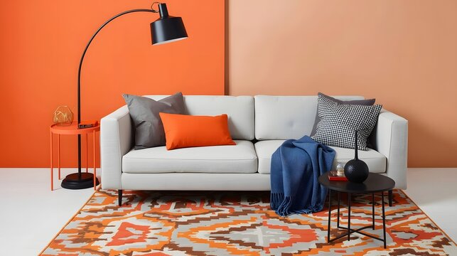Modern living room interior with warm orange tones, cozy sofa, stylish d&eacute;cor elements, and contemporary furniture creating a vibrant inviting home atmosphere