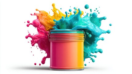 Colorful paint splashing from a can, vibrant art concept on a white background