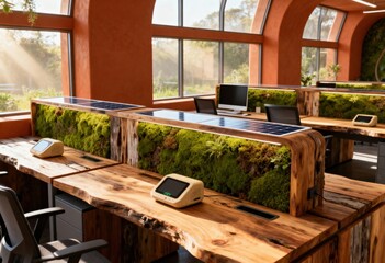 Sunlit Biophilic Office Workspace Featuring Live-Edge Wood Desks, Integrated Moss Walls, and Discreet Solar Panels for Sustainable Design.