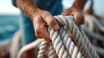 Hands gripping a thick rope on a boat, ready to set sail on the open water