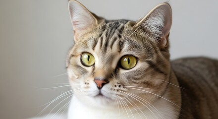Tabby cat with striking green eyes looks alertly towards the viewer.