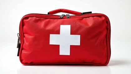 Red compact first aid kit with white cross symbol. Portable medical bag for emergency supplies. Ready for accident or injury care. Essential health equipment for travel, home, car.
