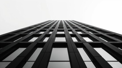 Modern Black Glass Office Building Tower Looking Up in Overcast Sky