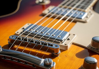 Fototapeta premium Close-up of a sunlit electric guitar's bridge and pickups.