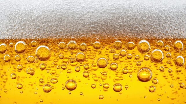 Close-up of a refreshing glass of beer with bubbles and foam