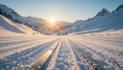 Winter Wonderland Ski Tracks in Snowy Mountains at Sunset