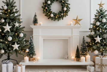Living room decorated for christmas with presents and a fireplace