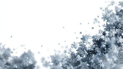Winter snow particles and frosty elements overlay on white background.
