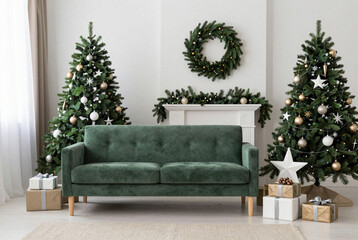 Living room decorated for christmas with evergreen trees and presents