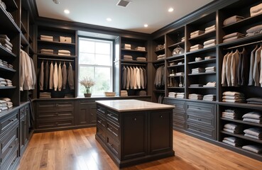 Luxurious walk-in closet interior with custom dark wood shelving, storage. Elegant island dresser provides additional space, organization. Stylish wardrobe design features drawers, clothes rack.