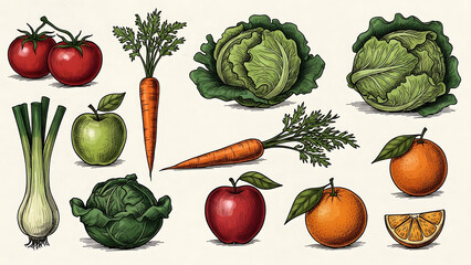 Fresh vegetable collection illustration with tomato, onion, carrot, cucumber, pepper, and garlic isolated on white background