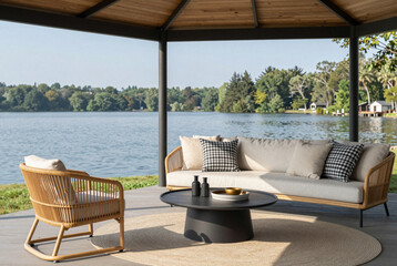 Patio with a couch, chair and table overlooking a lake.