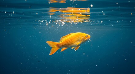 A golden fish swims in clear blue water beneath the surface.