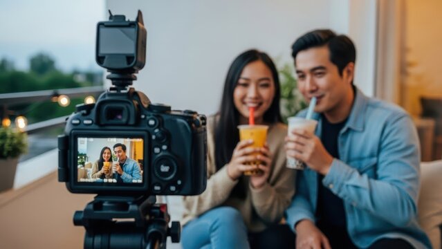 Man and woman enjoying bubble tea while recording a video blog with a camera. Asian couple livestreaming vlog for social media with drinks.