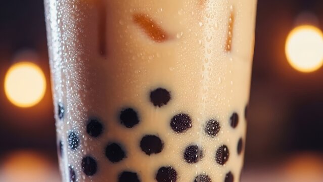 Close-up of a refreshing bubble tea with tapioca pearls and condensation. Sweet beverage for a summer drink menu or cold refreshment concept.