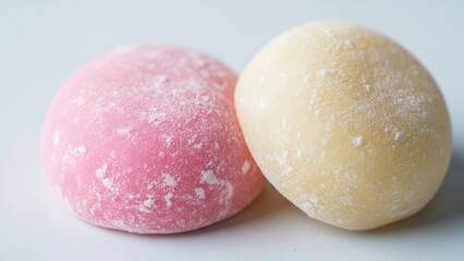 Two delicious mochi rice cakes, one pink and one yellow, dusted with white powder. Traditional Japanese sweet dessert for snack time or celebration.