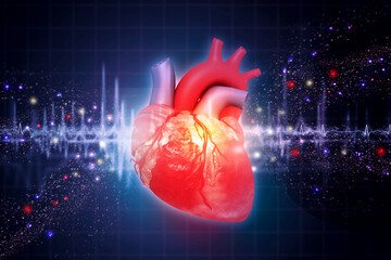  A detailed illustration combining heart anatomy, a live ECG graph, and microscopic blood cells to represent comprehensive cardiovascular function and monitoring. 3d illustration