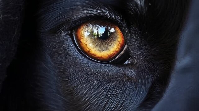 Macro shot of a black wolf's eye zooming in. Extreme close-up of a golden amber iris with a reflection. The intense gaze of a wild predator