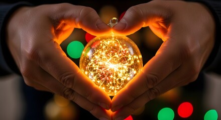 Hands forming a heart shape around a glowing Christmas ornament, creating a warm, festive scene.