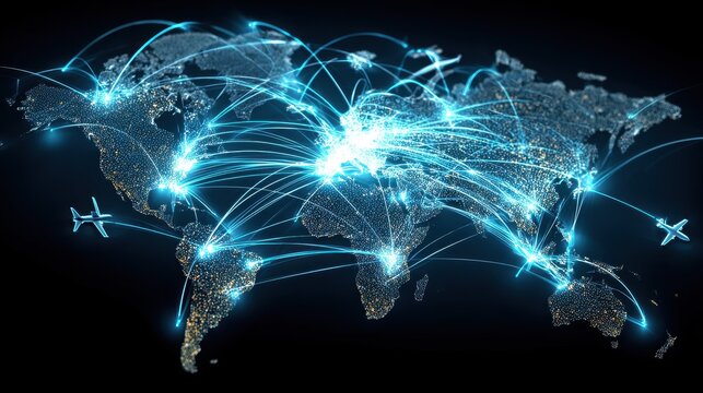 Digital world map showing illuminated flight paths connecting major cities around the globe with airplanes signifying air travel and connections in a modern setting