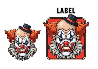 Frightening clown with a menacing grimace wears a top hat and ruffled collar.