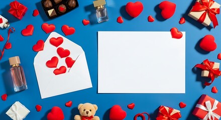 Valentine's day arrangement with hearts, gifts and a blank note.