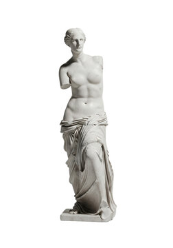 Hyperrealistic 3d render of the armless venus de milo statue, showing textured white marble and deep drapery folds, centered on a transparent infinity cove background, concept of sculptural perfection