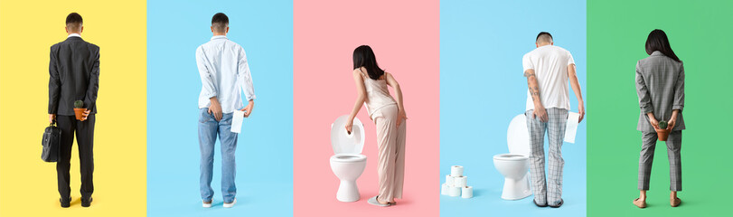 Fototapeta premium Collage of young man and woman suffering from hemorrhoids on color background, back view