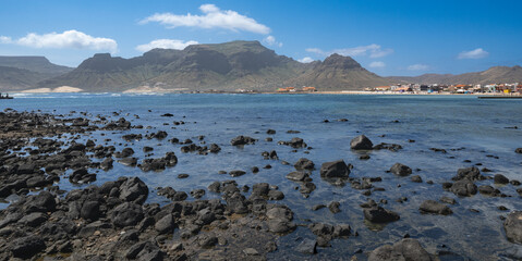 Rocky shoreline and Monte Verde mountain in Ba&iacute;a das Gatas &ndash; Mindelo, Cape Verde