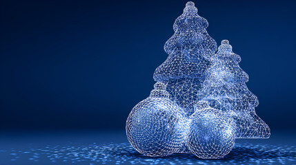 Xmas tree glasses balls in blue tech low poly wireframe. Technology background. Merry Christmas concept. New Year banner cover. Vector illustration Stock Vector 