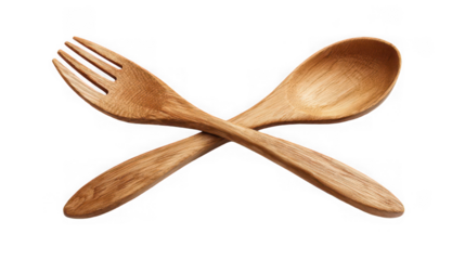 Crossed wooden fork and spoon isolated on transparent background
