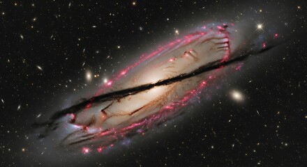 Spiral galaxy with bright red hydrogen gas rings and a dark dust lane.