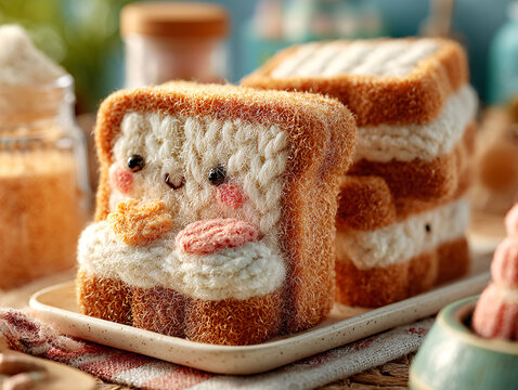 a stack of bread slices decorated with embroidered flowers, placed on a plate. The background features a cozy, blurred setting with soft lighting and additional items that suggest a warm, homely atmos