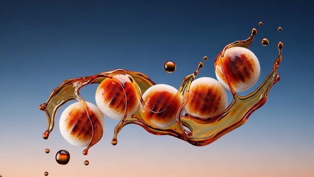 空中に舞うみたらし団子と醤油ダレのダイナミックなスプラッシュ/Creative Food Art: Flying Mitarashi Dango with Liquid Splash