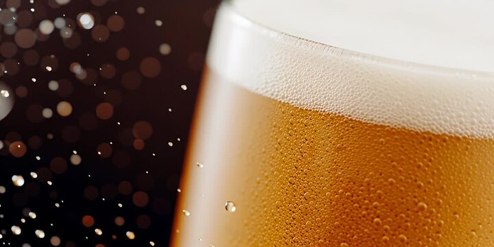 Close Up Macro Shot Of Cold Beer With Frothy Head And Bubbles In A Glass