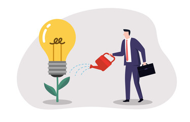Businessman watering the bulb tree.Problem solving with creativity, creating a new solution, complete brilliant idea or business ideas concept.