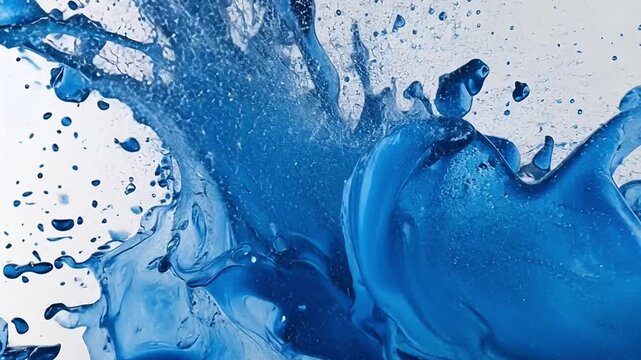 Dynamic splash of blue paint in slow motion. Abstract liquid ink exploding on a white background. Creativity and energy concept with copy space
