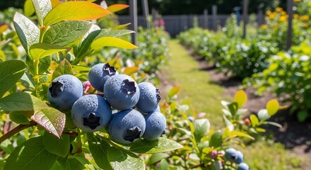 Ripe blueberries cluster on a branch in a sunny garden.