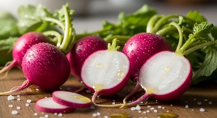Fresh radishes with water droplets are sliced and whole on a wooden surface.