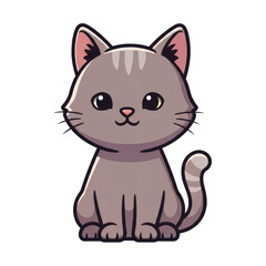 Obraz premium Cute cartoon gray cat with pink ears and striped tail on transparent background