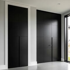 Modern black panel doors complement a minimalist interior.