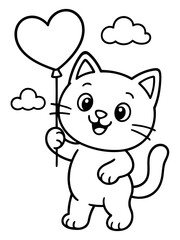 Cat with Heart Balloon: A charming cat joyfully holds a heart-shaped balloon, symbolizing love, happiness, and affection, with fluffy clouds above.