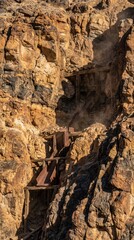 Abandoned Mine Shaft Surrounded by Rocky Terrain and Dust