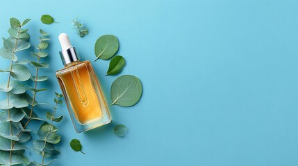 A natural beauty product with a dropper bottle, eucalyptus on a blue background