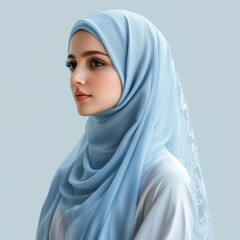 Naklejka premium Elegant hijab portrait, young woman in light blue headscarf and white blouse, soft studio fashion beauty profile