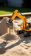 Toy excavator scoops sand in a sunny sandbox.
