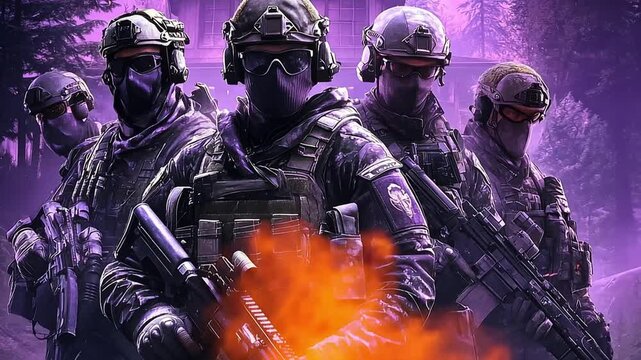 Animated illustration of a special forces squad in tactical gear. Military soldiers with rifles ready for a combat mission. Modern video game cinematic concept