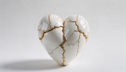 Kintsugi ceramic heart with gold cracks on white background, Broken heart
