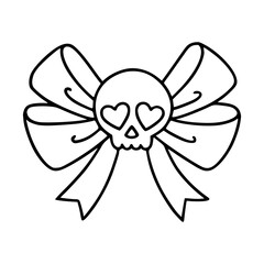 cute skull with heart eyes and big ribbon bow line art