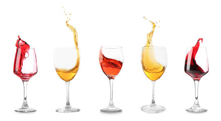Set of glasses with splashing wine on white background